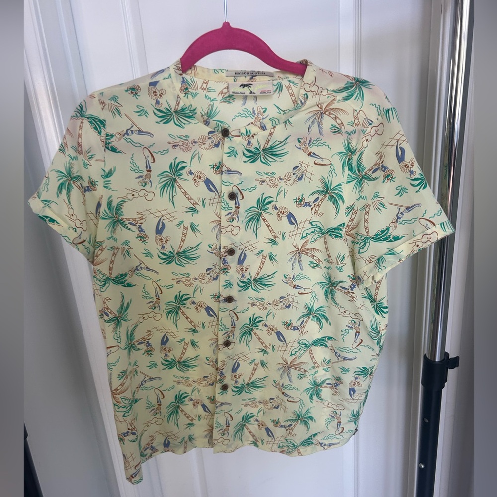 Maison Scotch Greetings from Honolulu Yellow Palm Tree Hawaiian Button Up Blouse